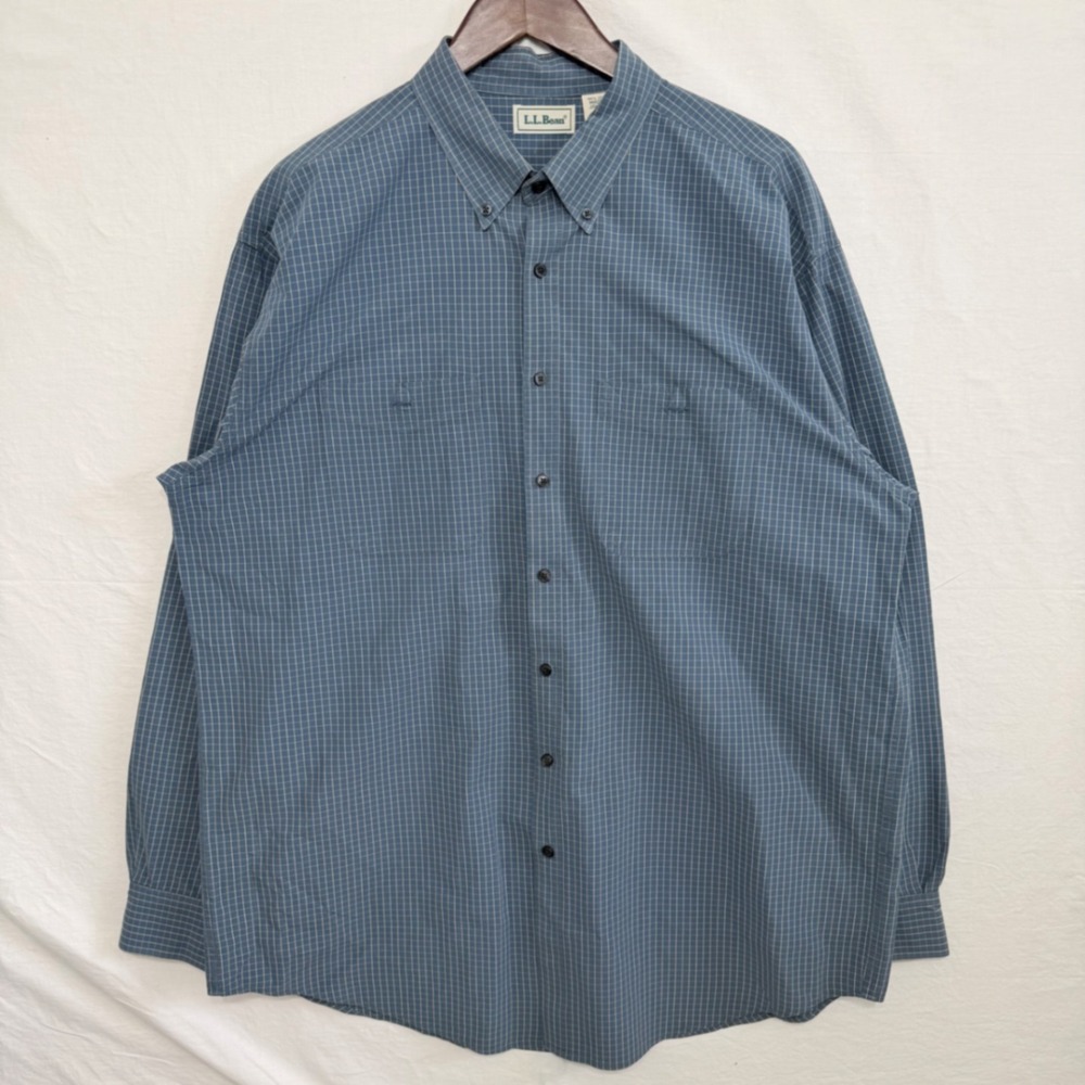 L.L.Bean Mens Blue Micro Check Button Down Long Sleeve Cotton Shirt Casual